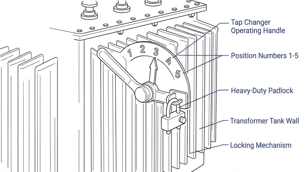 변압기 탭 체인저의 외부 조작 손잡이 및 자물쇠.