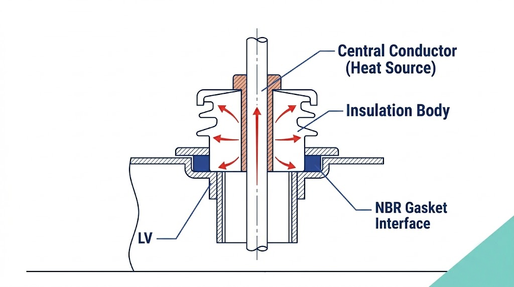 Diagramme de coupe transversale montrant les voies de dissipation de la chaleur à l'intérieur d'une tige de conducteur à bague LV.