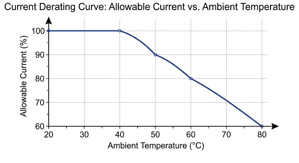 Graphique de la courbe de dératation montrant la réduction de la capacité de courant des bagues à des températures élevées de l'enceinte.
