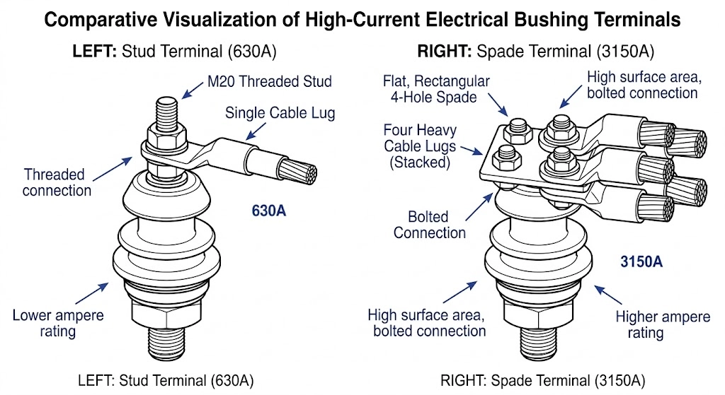 Comparaison d'une borne à goujon fileté 630A et d'une borne à 4 trous 3150A.