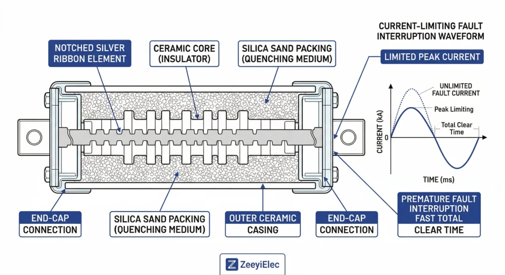 Cross-section diagram of a current limiting fuse and electrical waveform.