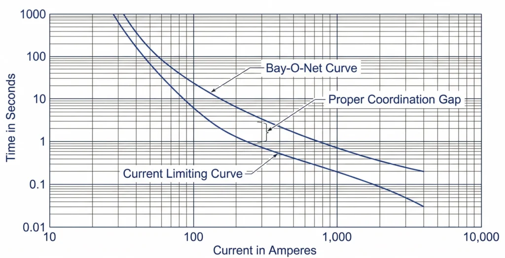 Time-current curve graph coordinating a Bay-O-Net and current limiting fuse.