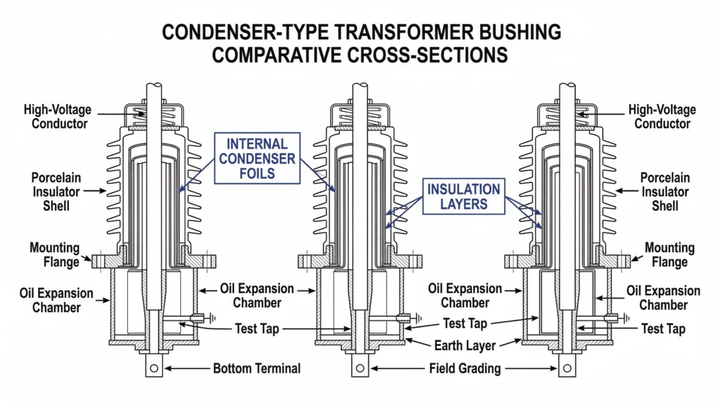 Cross-section diagram comparing OIP, RIP, and RIS bushing insulation.