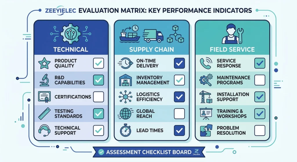 Vendor evaluation matrix for transformer accessories and field service.