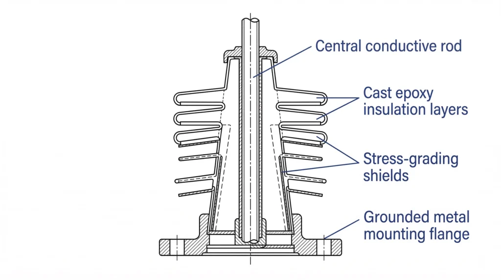 Cross-section diagram of a medium-voltage transformer bushing and insulation system