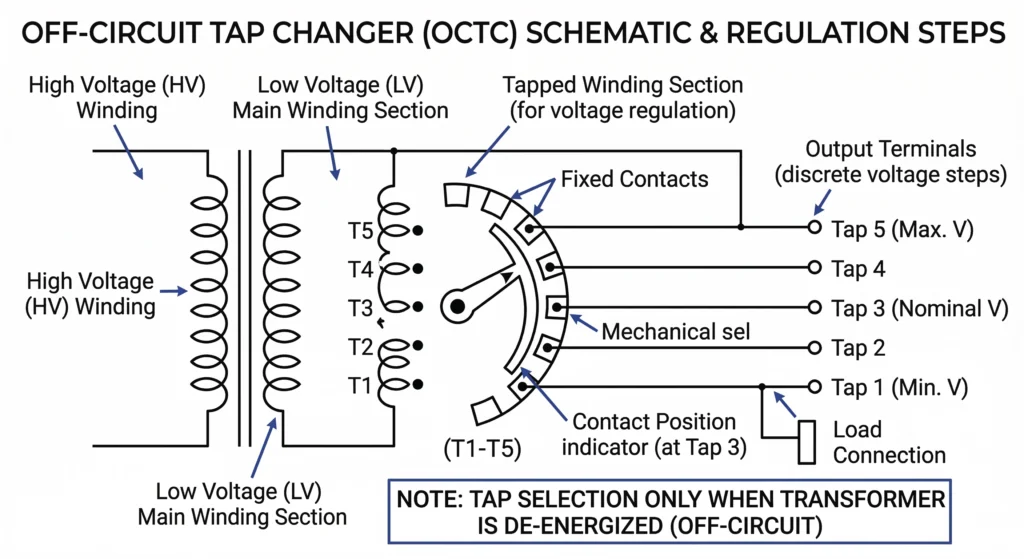 Diagram showing off-circuit tap changer winding connections and selector switch