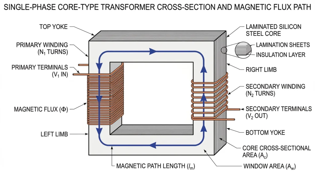 Vector diagram illustrating magnetic flux linking primary and secondary transformer coils.