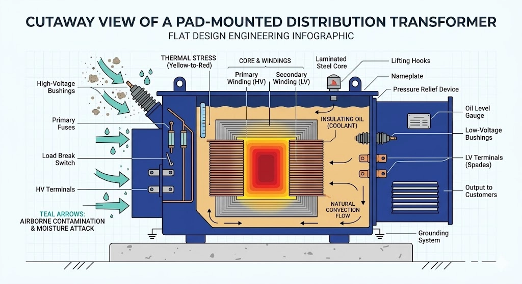 Diagram highlighting thermal gradients and environmental stress on distribution transformers.