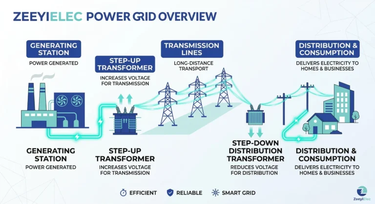 Transformer fundamentals showing electromagnetic induction and power transmission components.