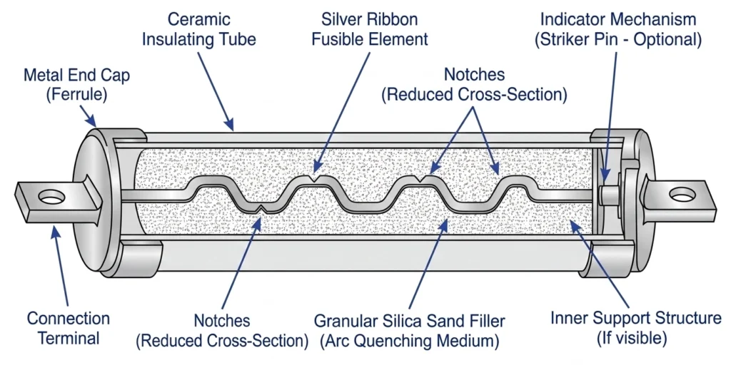 Vista em seção transversal de um fusível limitador de corrente de média tensão mostrando a fita de prata e a areia de sílica.