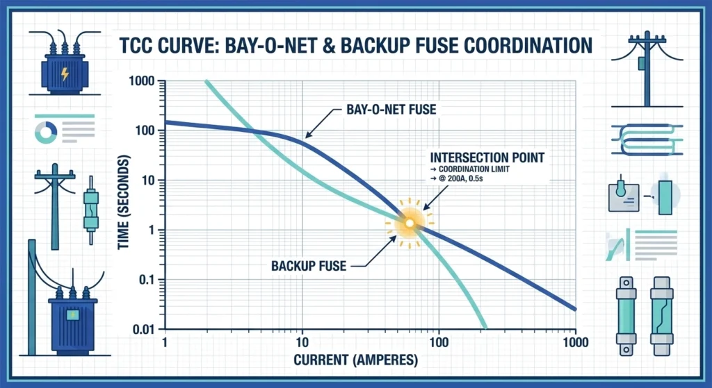 Gráfico da curva característica de tempo e corrente ilustrando o ponto de cruzamento adequado para pares de fusíveis de transformadores.