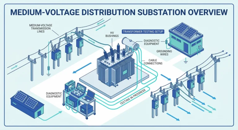 Transformer installation and commissioning site with testing equipment