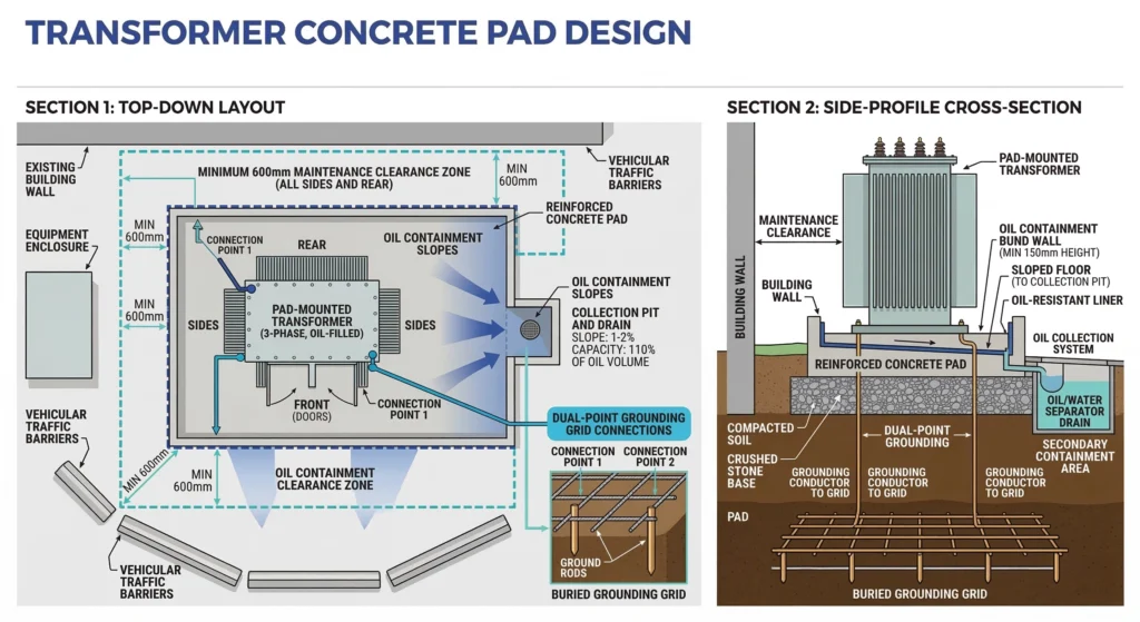 Transformer concrete pad layout and grounding grid connection diagram