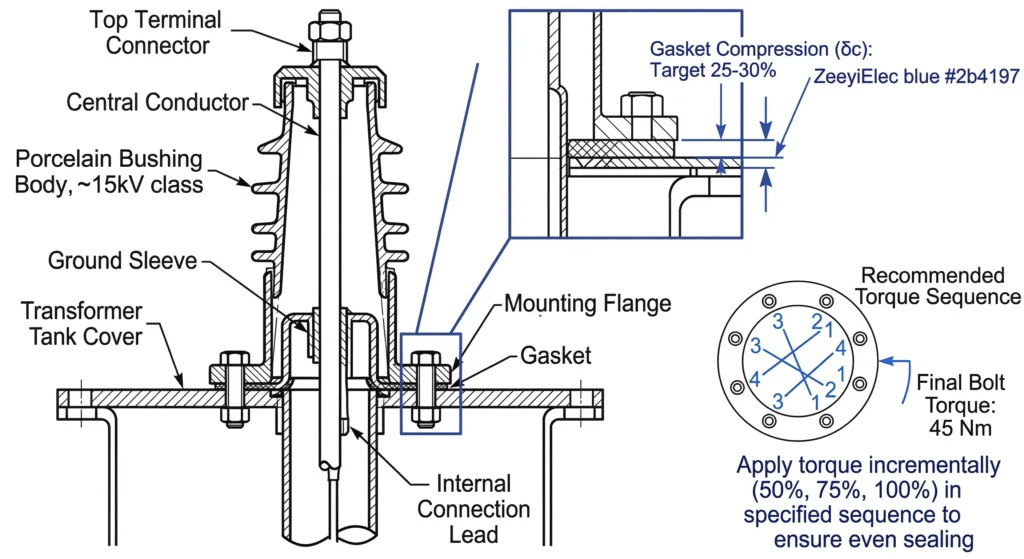 Medium voltage transformer bushing installation and sealing mechanism