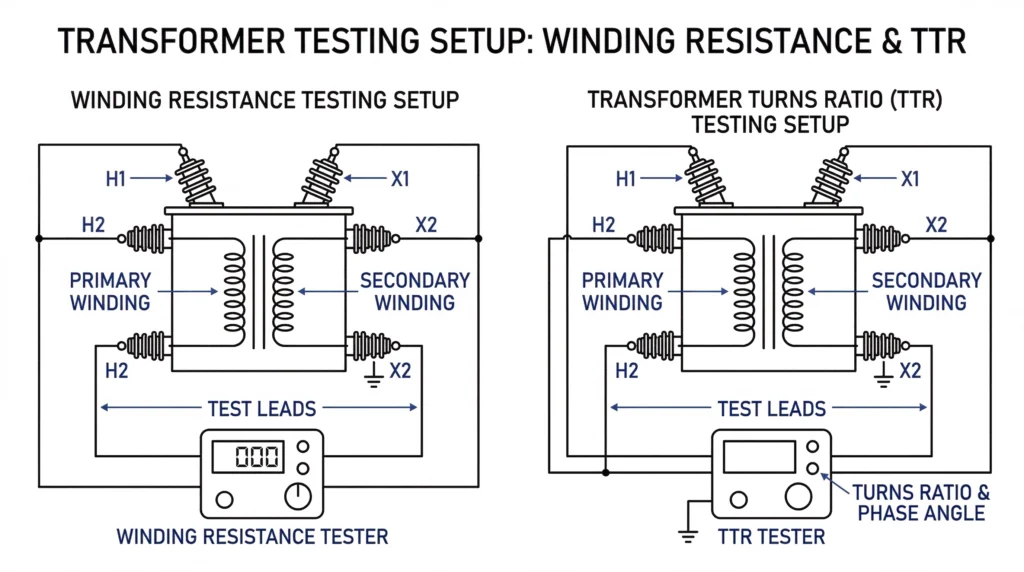 Transformer winding resistance and TTR testing setup diagram