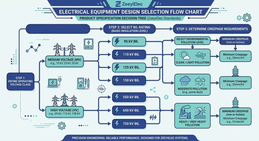شجرة قرارات الاختيار لعزل محولات الجهد المتوسط وملحقاتها بناءً على BIL.