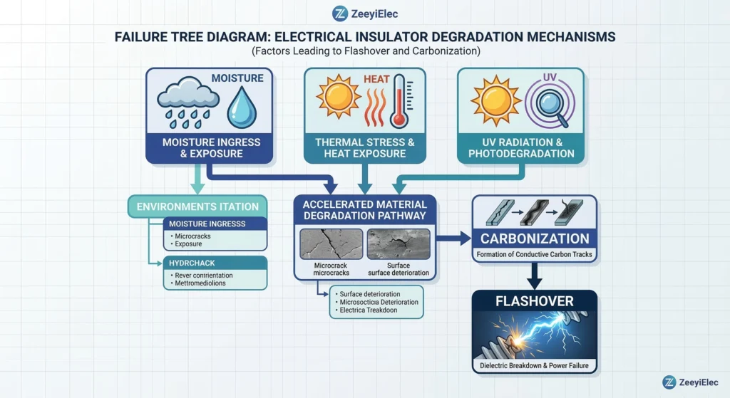 شجرة تشخيص الأعطال لتدهور عزل المحولات بسبب الرطوبة والإجهاد البيئي.