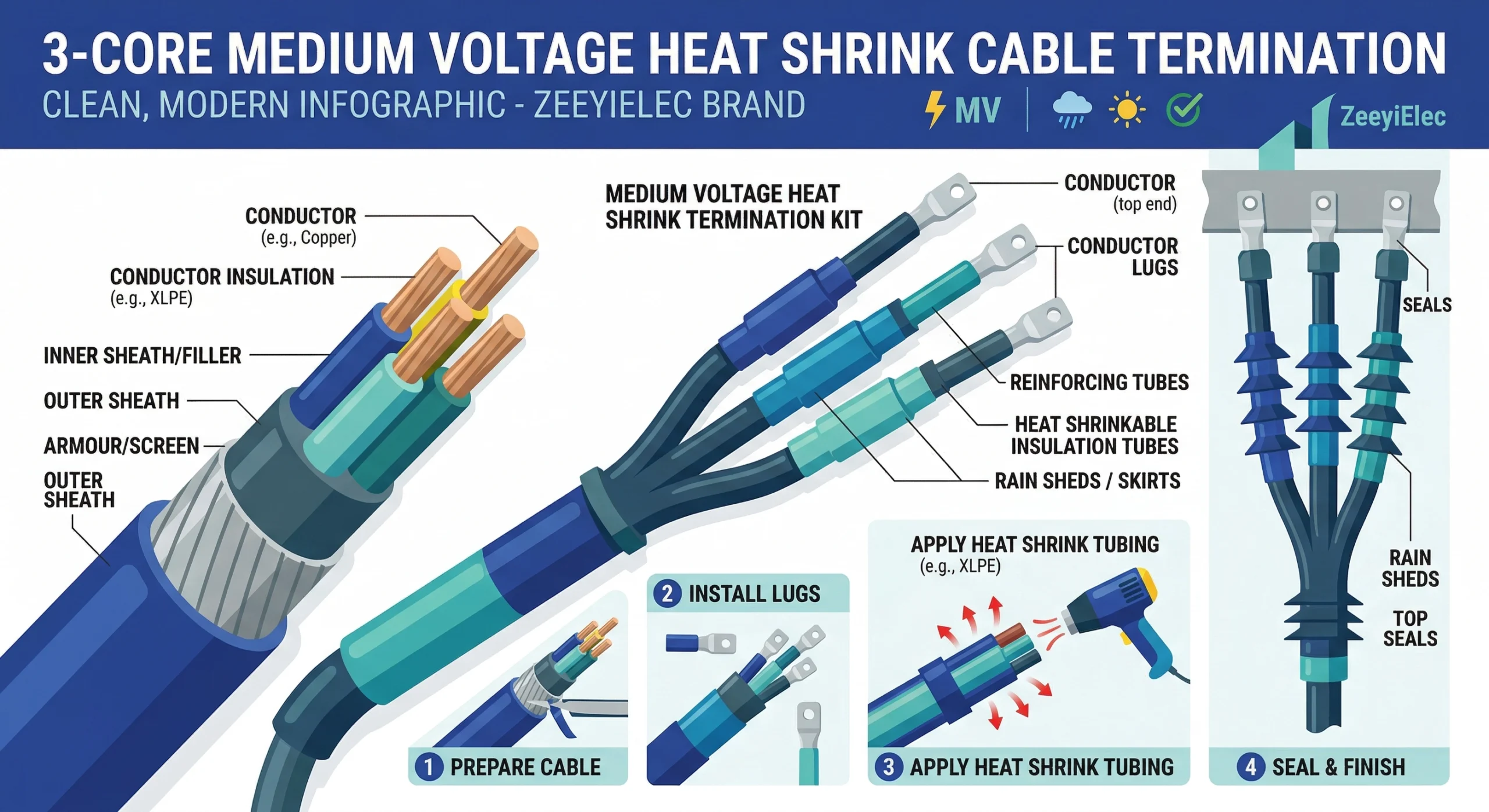 Ensemble complet d'accessoires pour câbles thermorétractables pour les réseaux de distribution de moyenne tension.