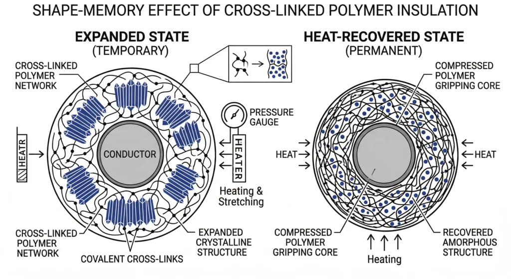 Diagramme démontrant l'effet de mémoire du polymère dans les accessoires de câbles thermorétractables.