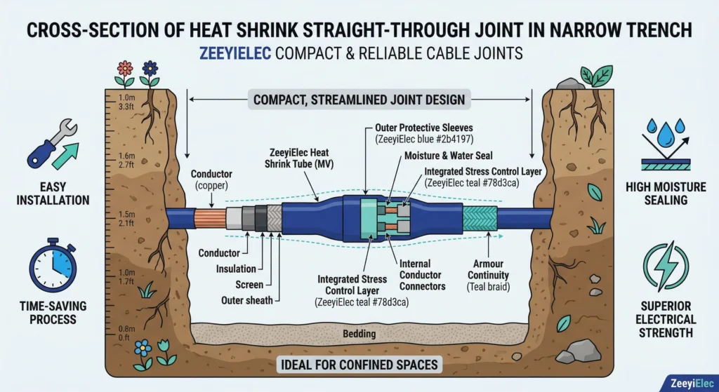 Joint thermorétractable compact à passage droit installé dans une tranchée souterraine étroite.