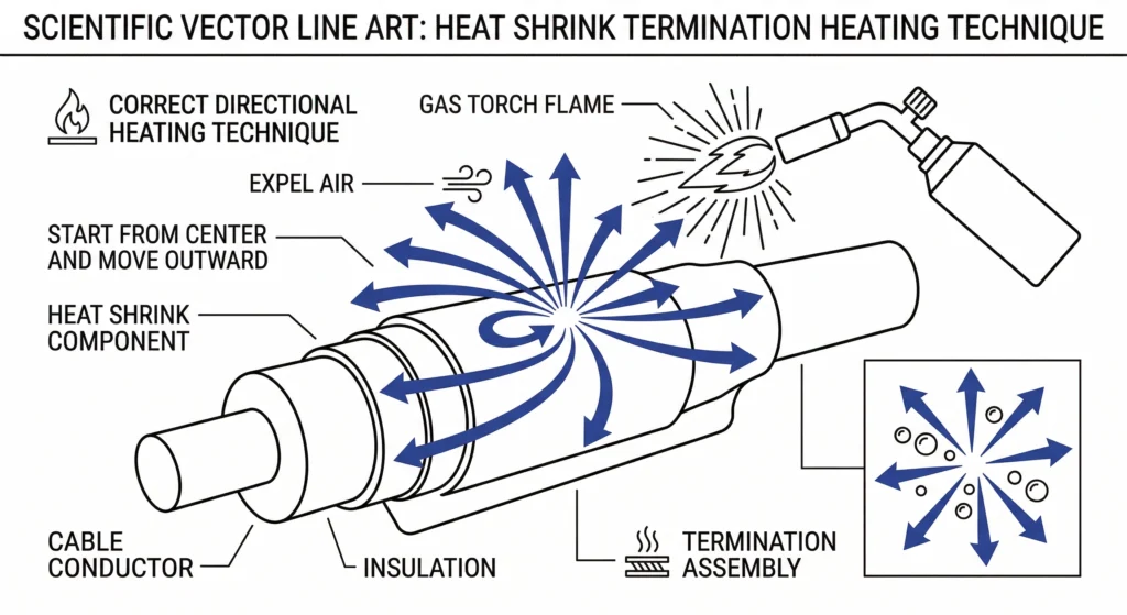 Technicien appliquant un chalumeau à gaz avec chauffage directionnel sur une terminaison thermorétractable.