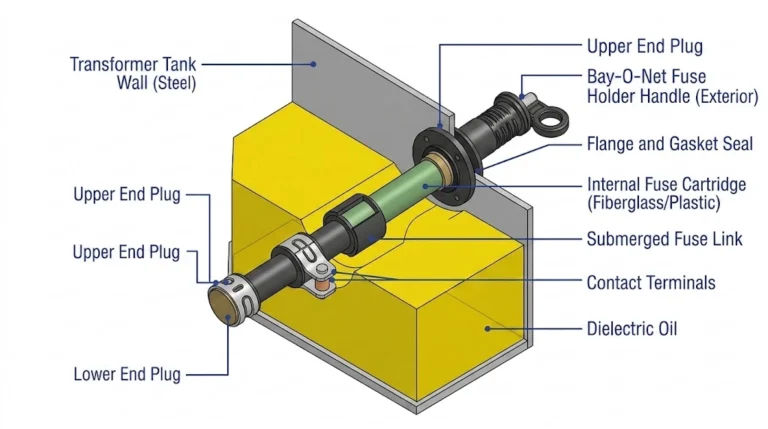 A 3D cross-section of a Bay-O-Net fuse assembly installed in a distribution transformer.