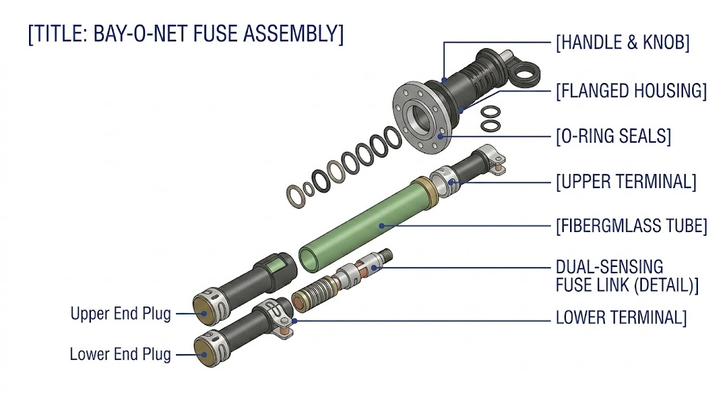 외부 하우징, 내부 카트리지 및 이중 감지 퓨즈 링크를 보여주는 분해도입니다.