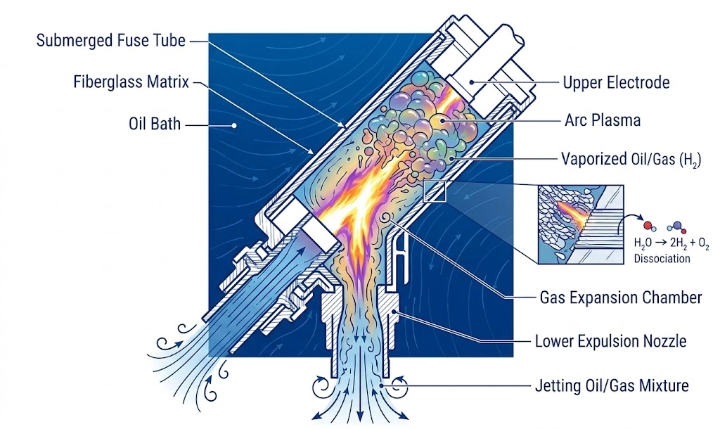 변압기 유리 섬유 카트리지 내부의 유체 배출 아크 담금질 단면도.