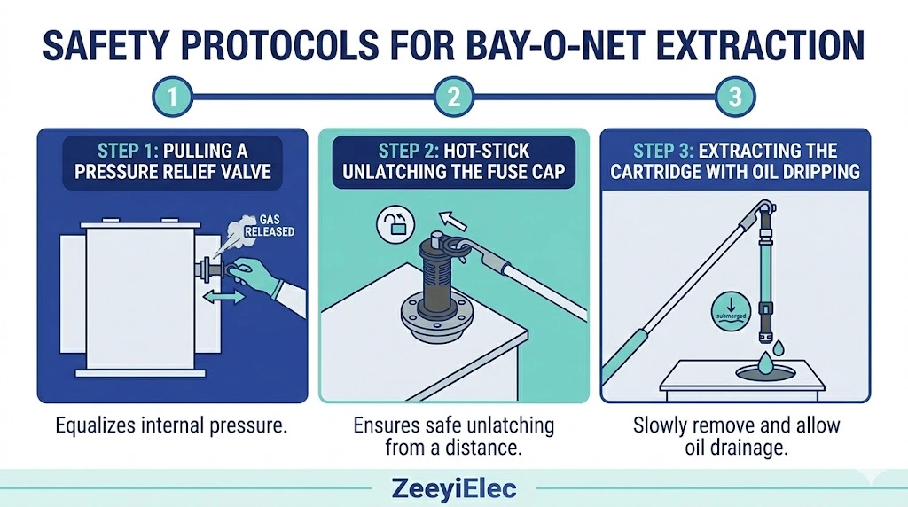 핫스틱을 사용하여 베이-오-넷 퓨즈를 안전하게 추출하는 방법을 보여주는 단계별 인포그래픽입니다.