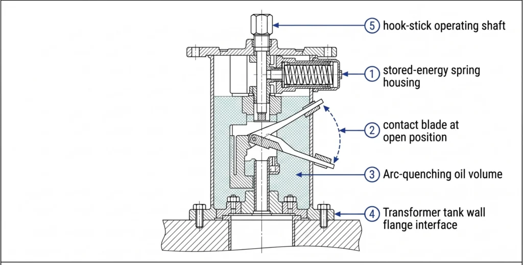 Cutaway schematic of 40.5kV oil-immersed loadbreak switch showing stored-energy spring mechanism and contact blade