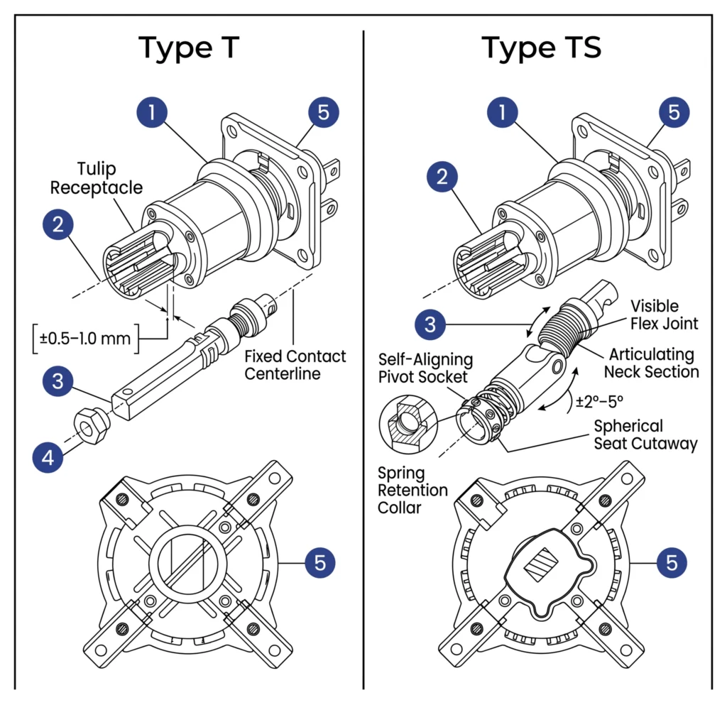 Exploded side-by-side line drawing comparing Type T rigid contact and Type TS self-aligning socket loadbreak switch