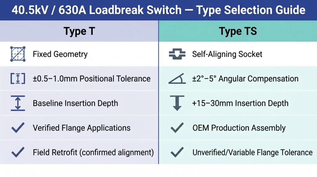 Type T vs Type TS 40.5kV 630A loadbreak switch engineering selector card ZeeyiElec