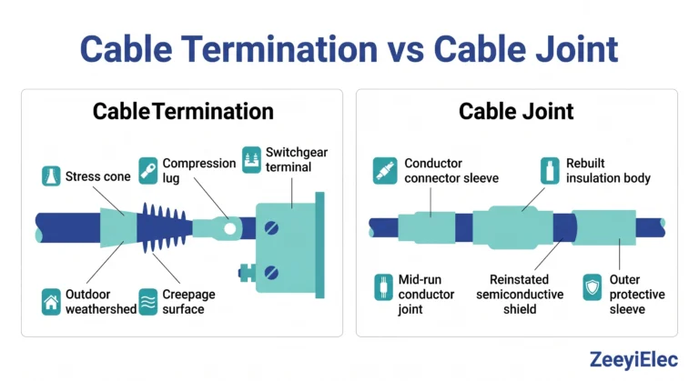 Cable termination vs cable joint comparison diagram for MV cable accessories selection