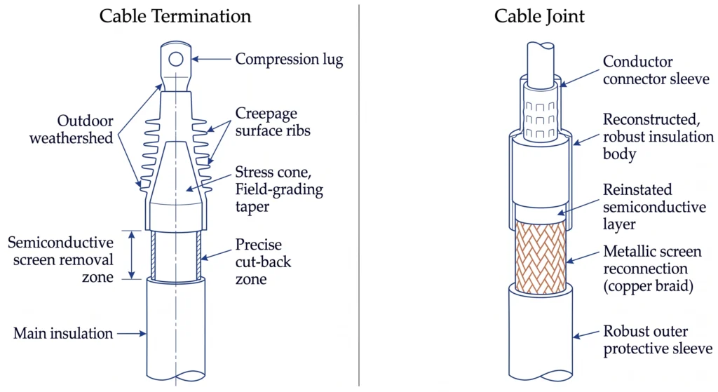 Cross-section diagram of MV cable termination stress cone and cable joint insulation body anatomy