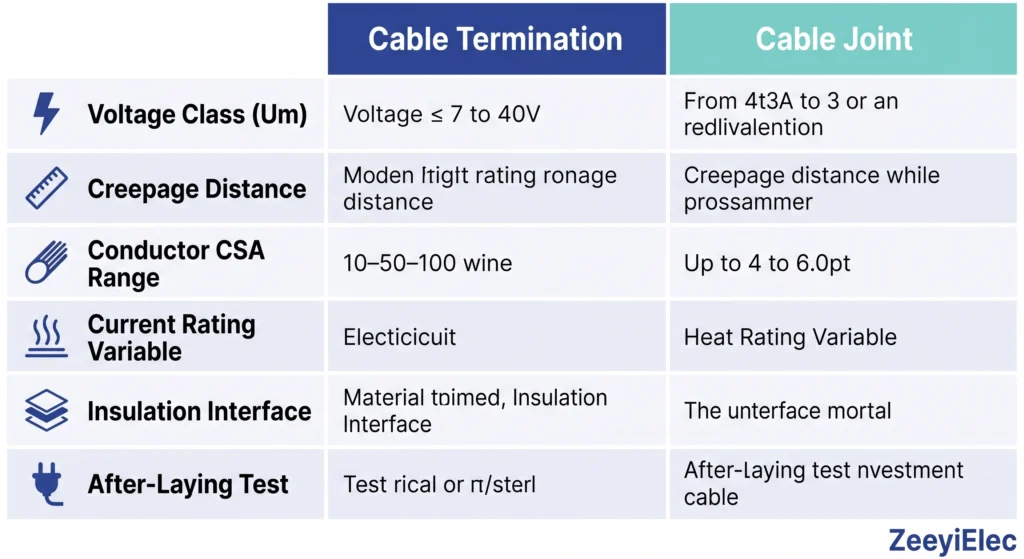 MV cable termination vs joint specification comparison table with voltage class and creepage parameters