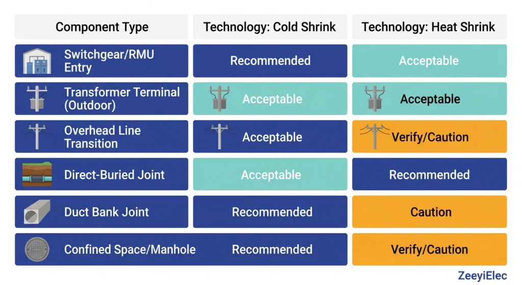 Cable accessory application decision matrix for MV termination and joint installation environments