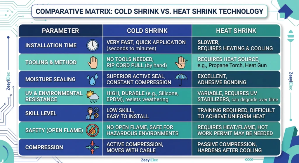 Performance comparison matrix for cold shrink vs heat shrink accessories