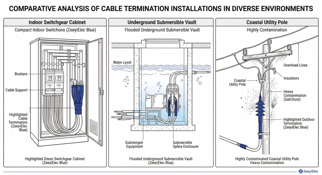Field installation scenarios for medium voltage cable terminations
