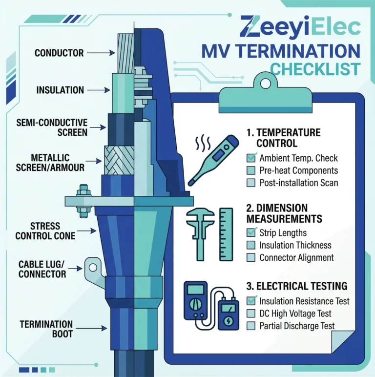Heat shrink cable termination installation quality control checklist showing engineer verifying medium voltage components.