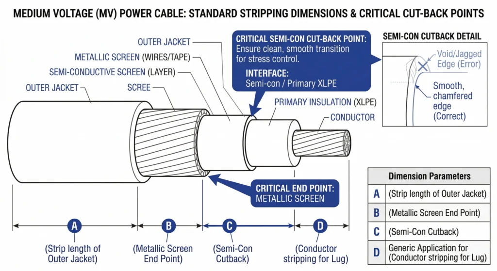 Medium voltage cable preparation dimensions showing jacket, metallic screen, and semi-con cutback points.