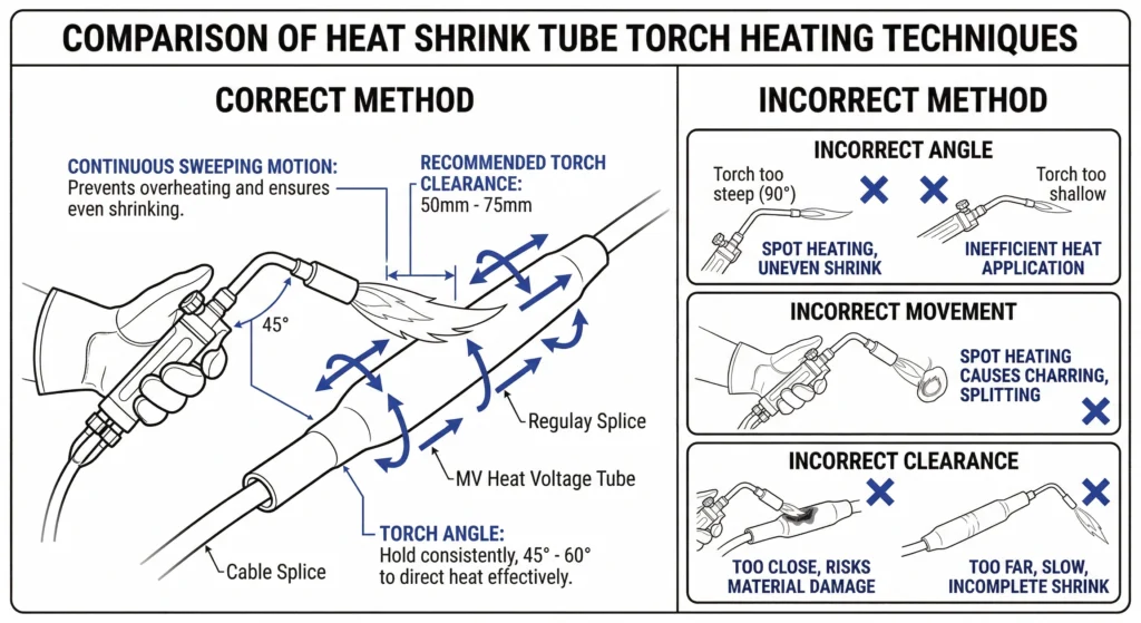 Correct torch heating techniques for heat shrink tubing installation to prevent localized material scorching.
