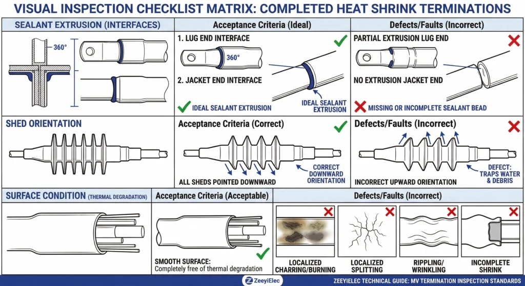 Post-installation visual inspection criteria for heat shrink terminations showing ideal mastic sealant extrusion.