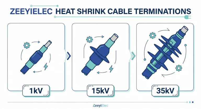 Heat shrink termination kits categorized by 1kV to 35kV voltage class.