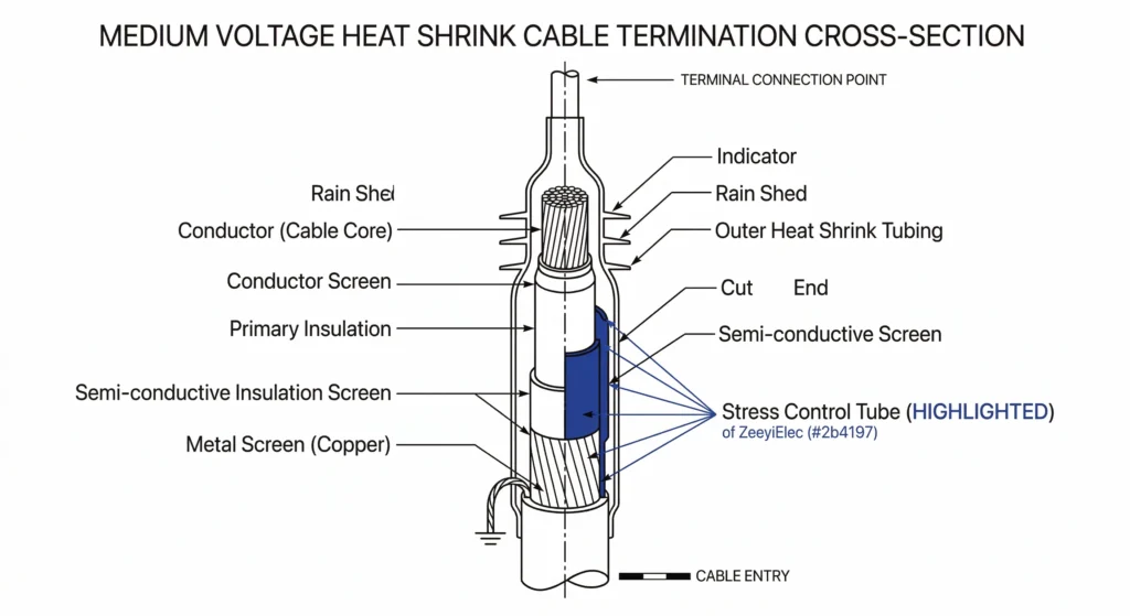 Schéma de la section transversale des couches de contrôle des contraintes diélectriques de la terminaison thermorétractable.