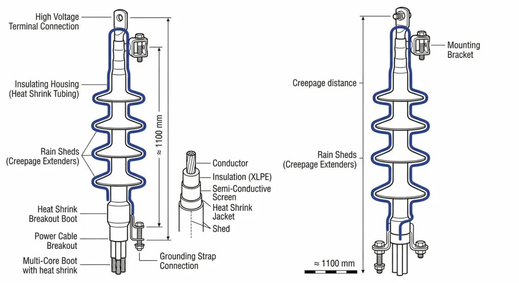 Mesure de la distance de fuite à travers les jupes de pluie à terminaison thermorétractable.