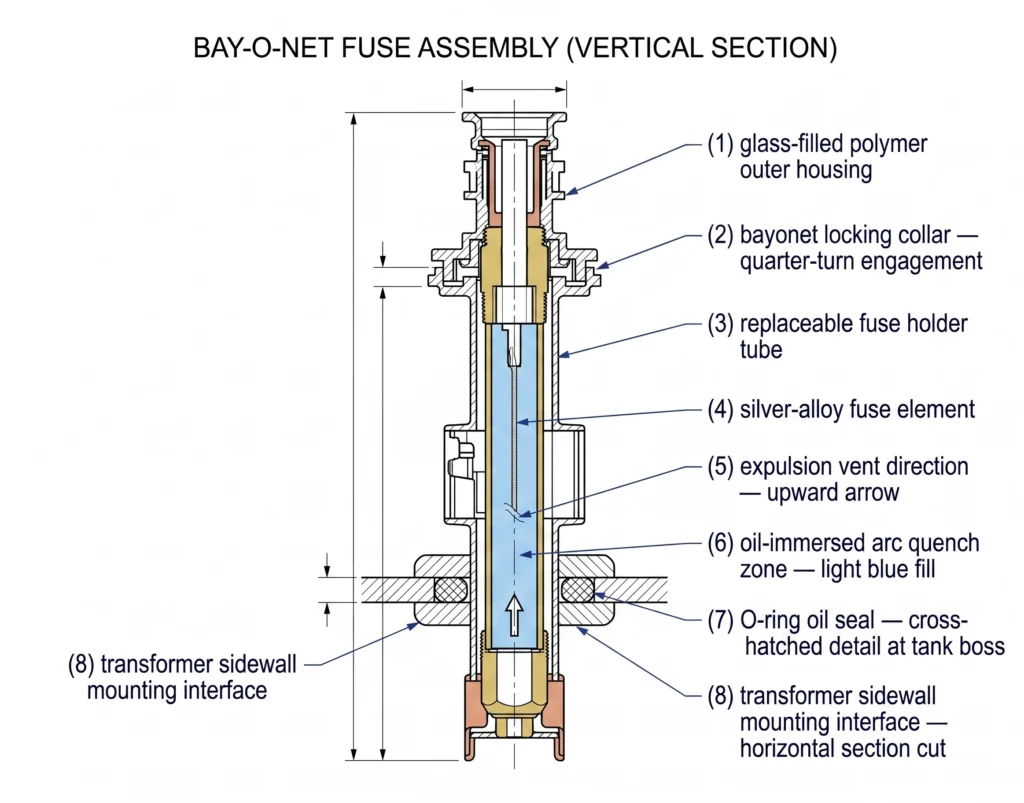 Cross-section diagram of Bay-O-Net fuse assembly showing housing, fuse element, expulsion tube, and O-ring seal