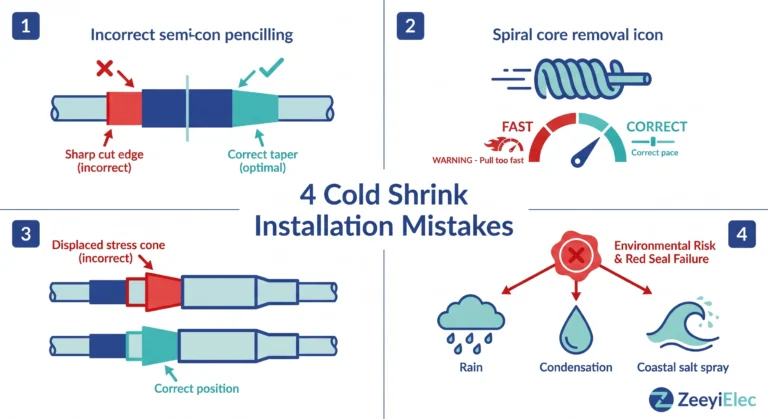 Cold shrink installation mistakes diagram for MV cable termination and joint systems