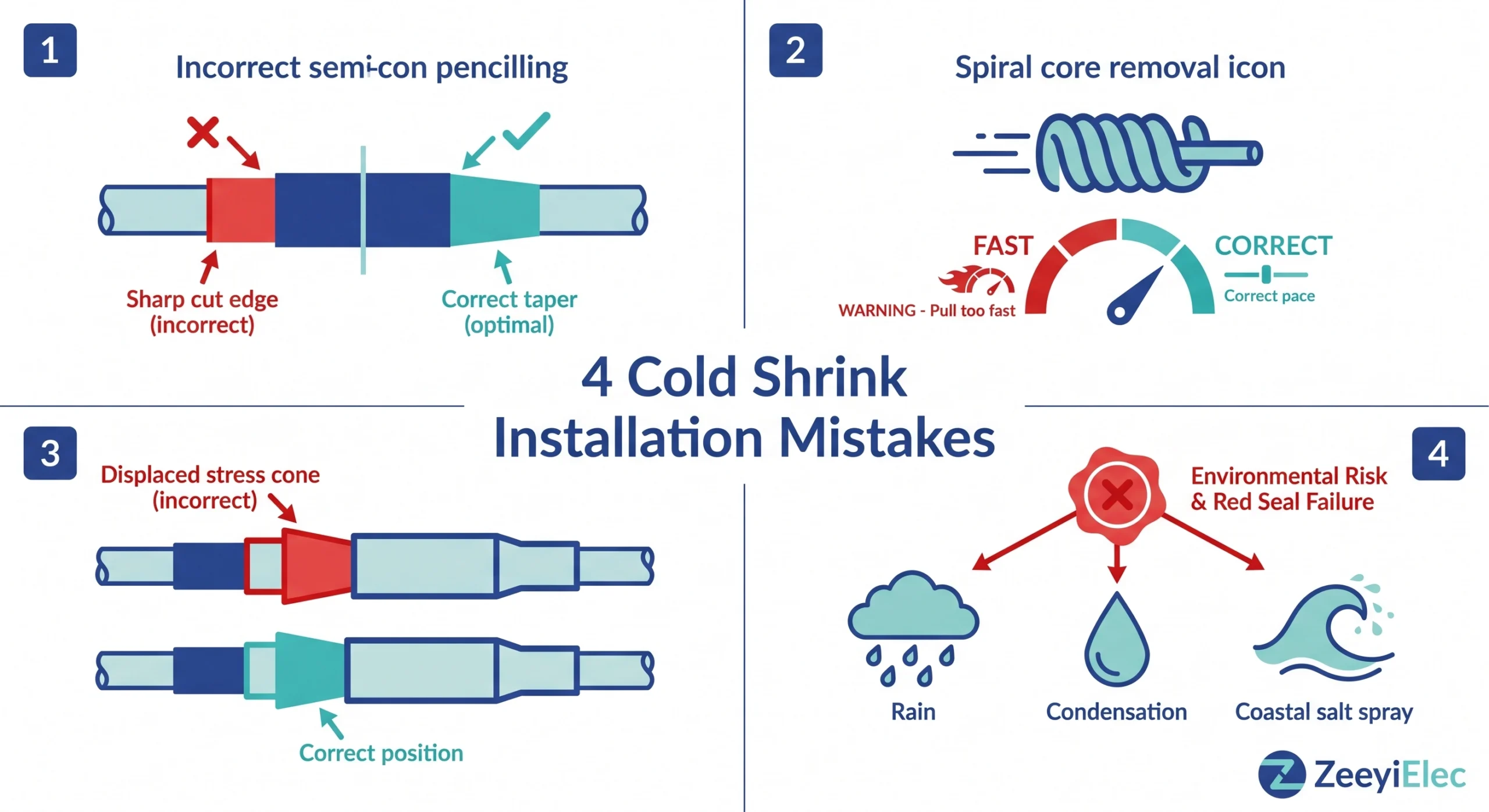 Cold shrink installation mistakes diagram for MV cable termination and joint systems