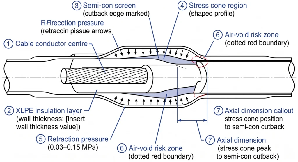 Cross-section diagram of cold shrink termination showing stress cone geometry and silicone retraction pressure zones
