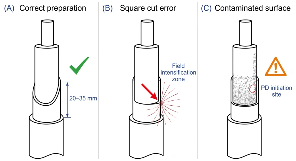 Three-panel diagram comparing correct semi-con pencilling, square cut error, and contaminated insulation surface for cold shrink installation